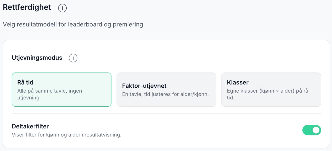 Utjevningsmodus: rå tid, faktor-utjevnet eller klasser, og deltakerfilter