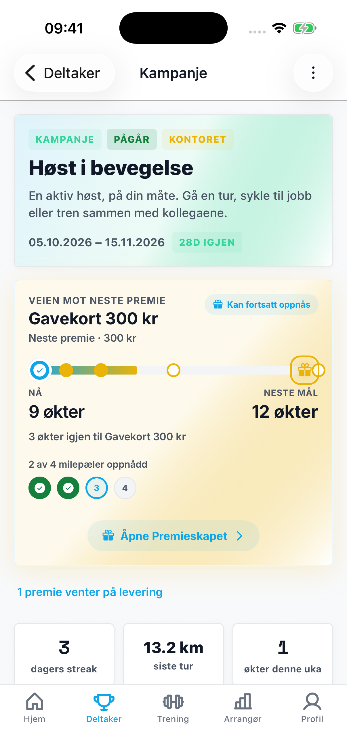 Høst i bevegelse i RIVL-appen: ni tellende økter, tre igjen til gavekort og fanene Hjem, Deltaker, Trening, Arrangør og Profil