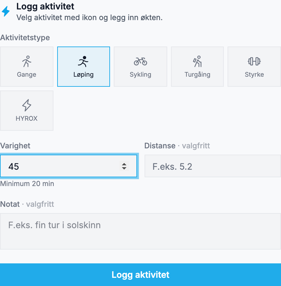 Webpanelets faktiske aktivitetsikoner: løping, sykling, gange, turgåing, styrke og HYROX