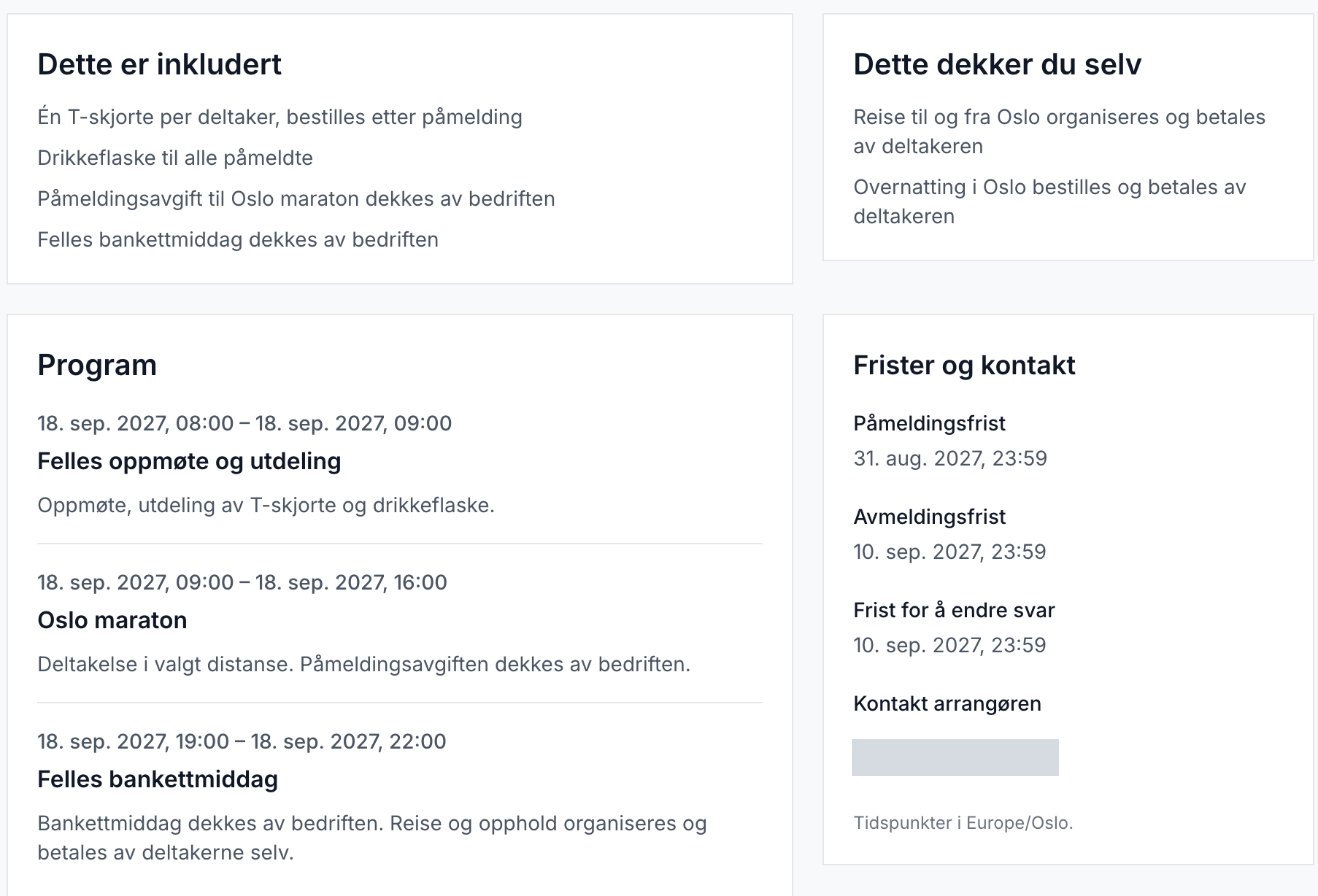 Deltakerens visning: dette er inkludert, dette dekker du selv, program, frister og kontakt
