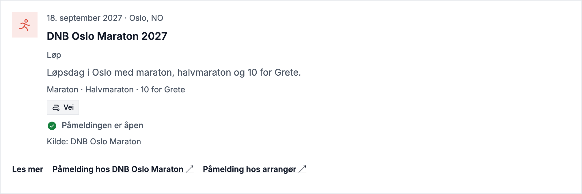 DNB Oslo Maraton 2027 i RIVLs faktiske arrangementsliste, med distanser, kilde og lenke til arrangør