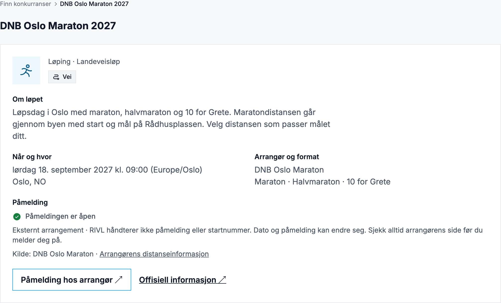 Løpssiden for DNB Oslo Maraton 18. september 2027: om løpet, distanser og kilde- og arrangørlenker
