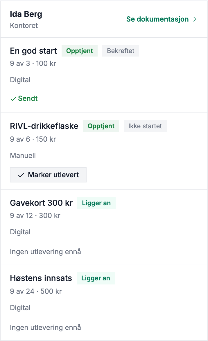 Idas premiespor på web: gavekortet er sendt digitalt, drikkeflasken kan markeres utlevert og neste premienivå vises